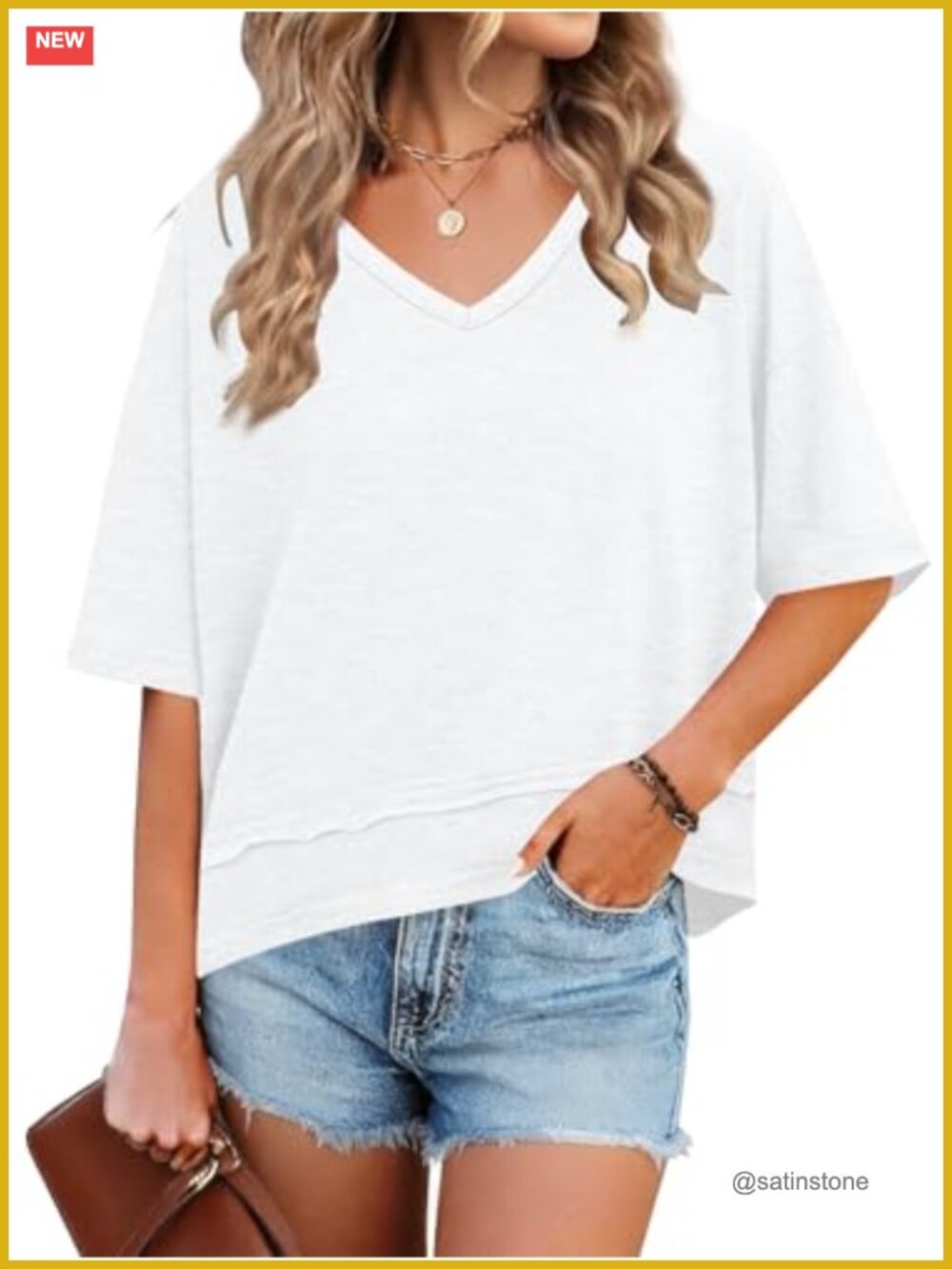 Womens V Neck Loose Fit Flowy T Shirt Half Sleeve Casual Tee with Asymmetrical